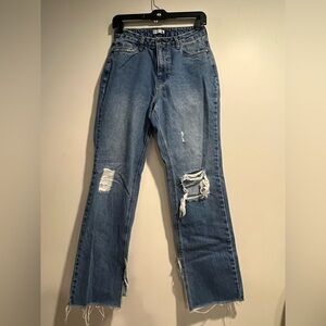 AVEC LES FILLES High waist distressed raw hem jeans